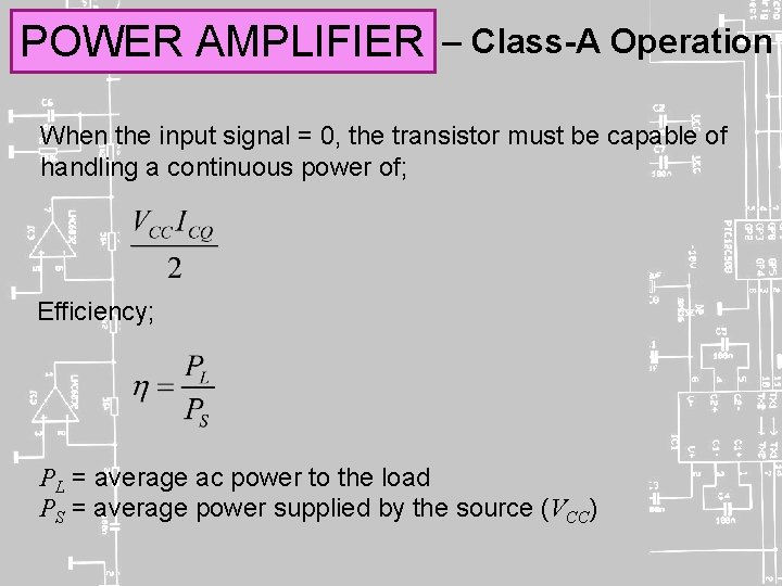 POWER AMPLIFIER – Class-A Operation When the input signal = 0, the transistor must