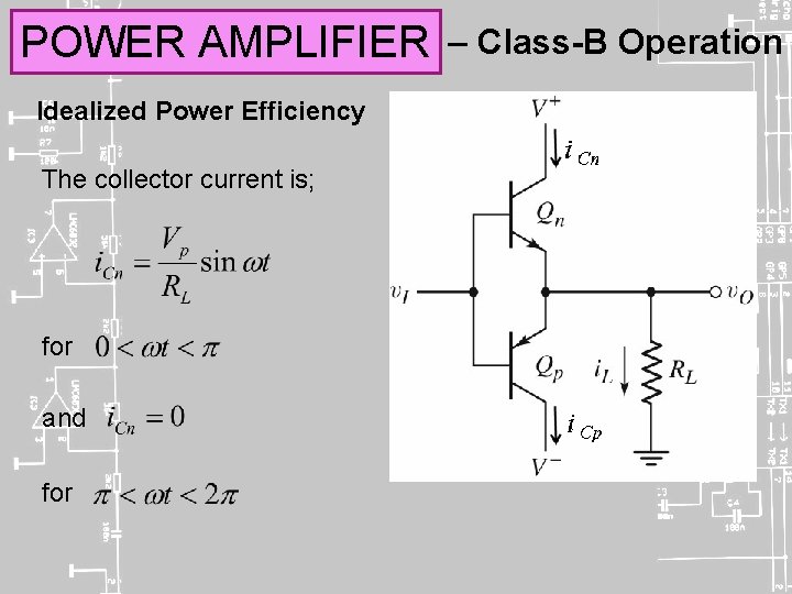 POWER AMPLIFIER Idealized Power Efficiency The collector current is; for and for – Class-B