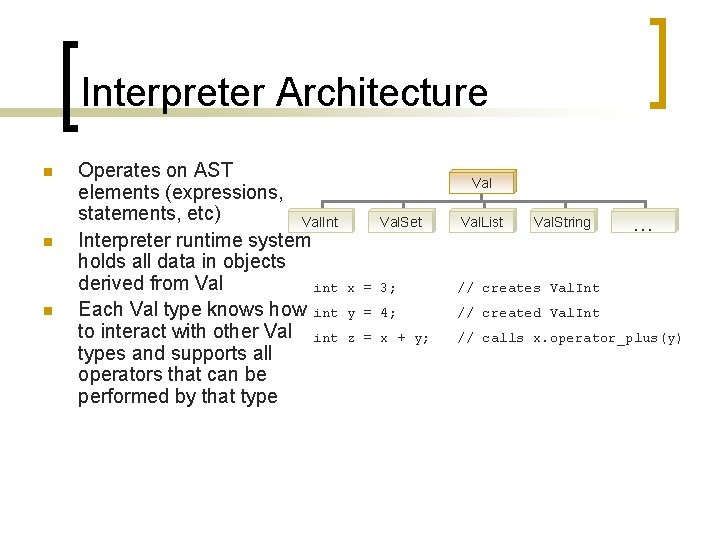 Interpreter Architecture n n n Operates on AST elements (expressions, statements, etc) Val. Interpreter
