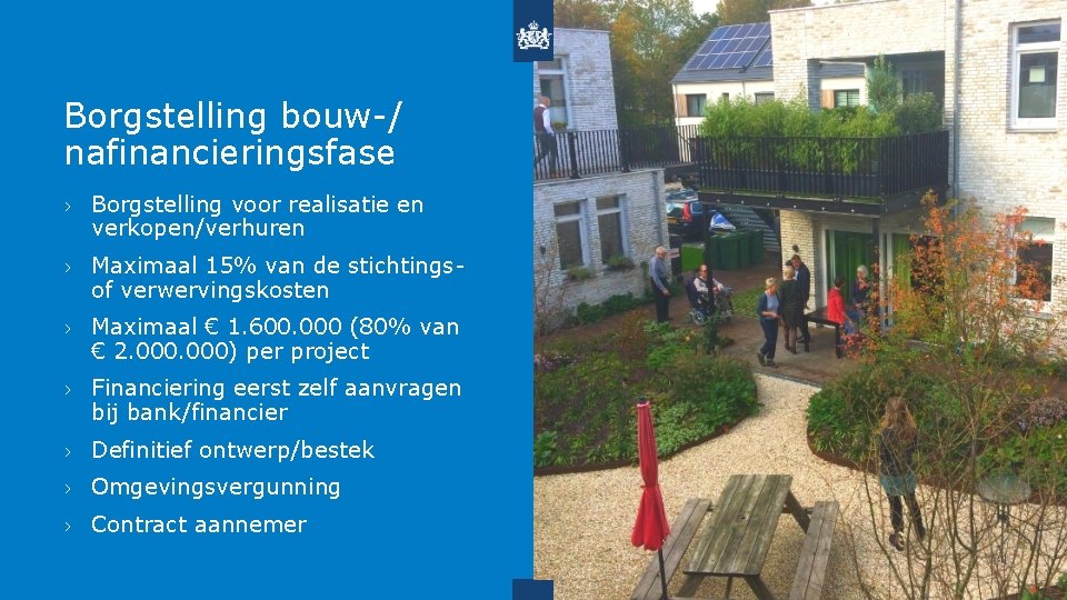 Borgstelling bouw-/ nafinancieringsfase › Borgstelling voor realisatie en verkopen/verhuren › Maximaal 15% van de