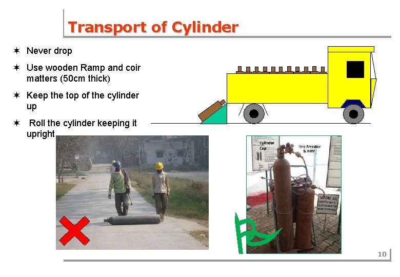 Transport of Cylinder ¬ Never drop ¬ Use wooden Ramp and coir matters (50