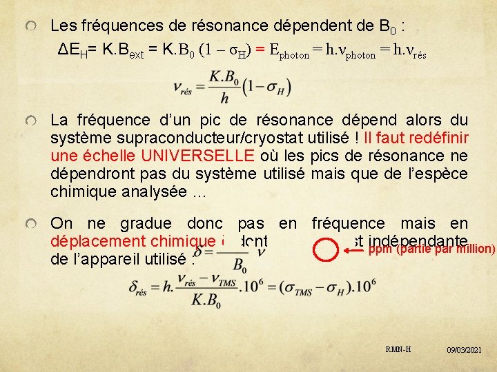 Les fréquences de résonance dépendent de B 0 : ΔEH= K. Bext = K.