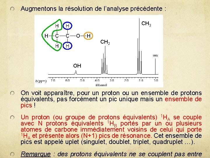 Augmentons la résolution de l’analyse précédente : CH 3 CH 2 OH On voit