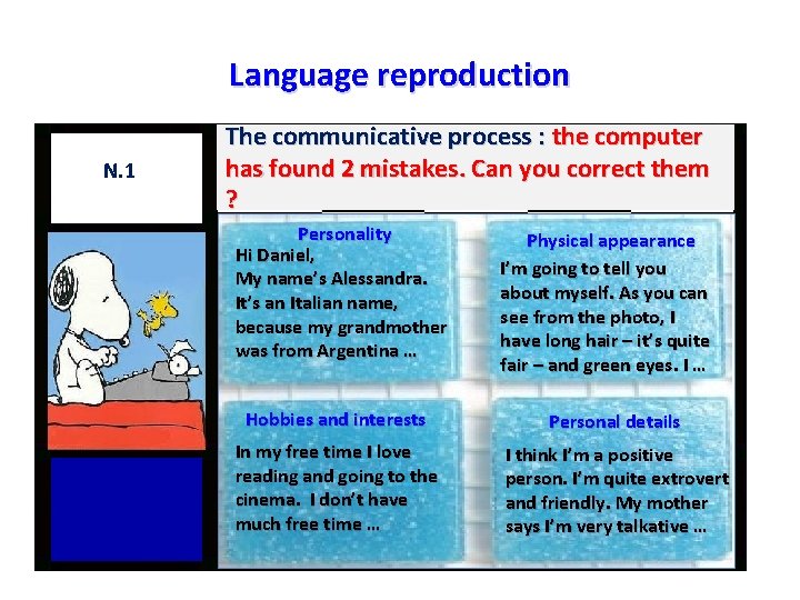Language reproduction N. 1 The communicative process : the computer has found 2 mistakes. Language reproduction N. 1 The communicative process : the computer has found 2 mistakes.