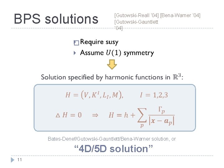 BPS solutions [Gutowski-Reall ’ 04] [Bena-Warner ’ 04] [Gutowski-Gauntlett ’ 04] � Bates-Denef/Gutowski-Gauntlett/Bena-Warner solution,