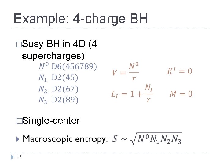 Example: 4 -charge BH �Susy BH in 4 D (4 supercharges) �Single-center 16 