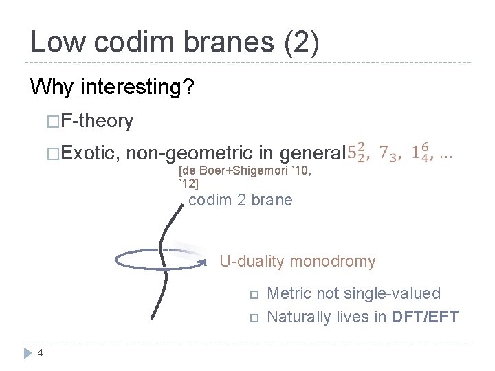 Low codim branes (2) Why interesting? �F-theory �Exotic, non-geometric in general [de Boer+Shigemori ’