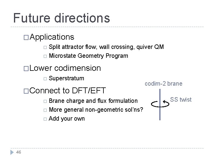 Future directions �Applications Split attractor flow, wall crossing, quiver QM Microstate Geometry Program �Lower