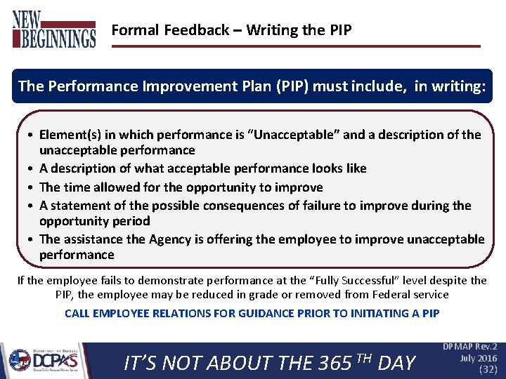 Formal Feedback – Writing the PIP The Performance Improvement Plan (PIP) must include, in