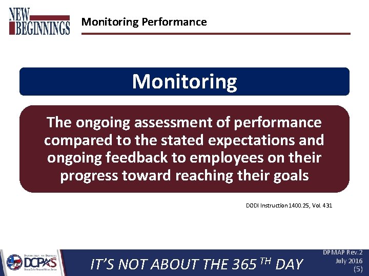 Monitoring Performance Monitoring The ongoing assessment of performance compared to the stated expectations and