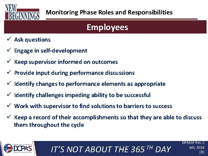 Monitoring Phase Roles and Responsibilities Employees ü Ask questions ü Engage in self-development ü