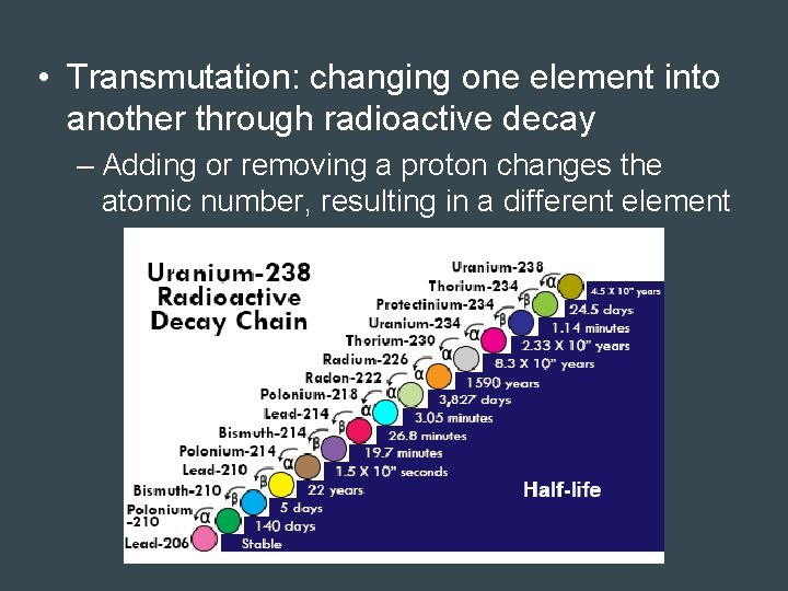  • Transmutation: changing one element into another through radioactive decay – Adding or