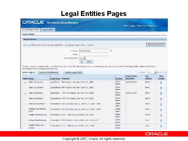 Legal Entities Pages Copyright © 2007, Oracle. All rights reserved. 