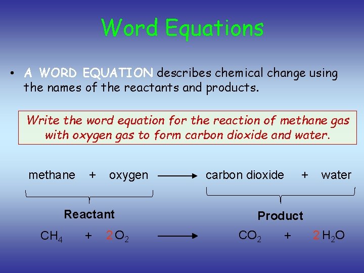 Word Equations • A WORD EQUATION describes chemical change using the names of the
