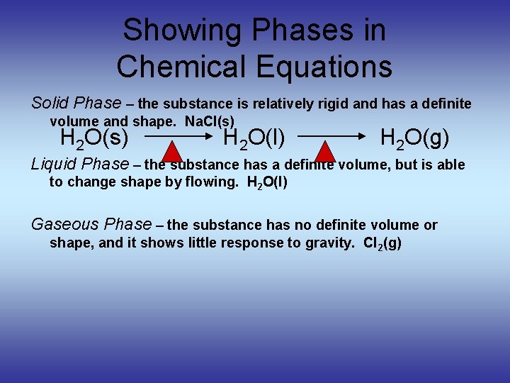 Showing Phases in Chemical Equations Solid Phase – the substance is relatively rigid and