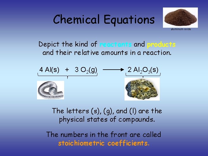 Chemical Equations aluminum oxide Depict the kind of reactants and products and their relative