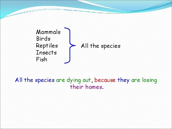 Mammals Birds Reptiles Insects Fish All the species are dying out, because they are