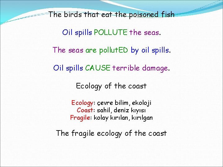 The birds that eat the poisoned fish Oil spills POLLUTE the seas. The seas