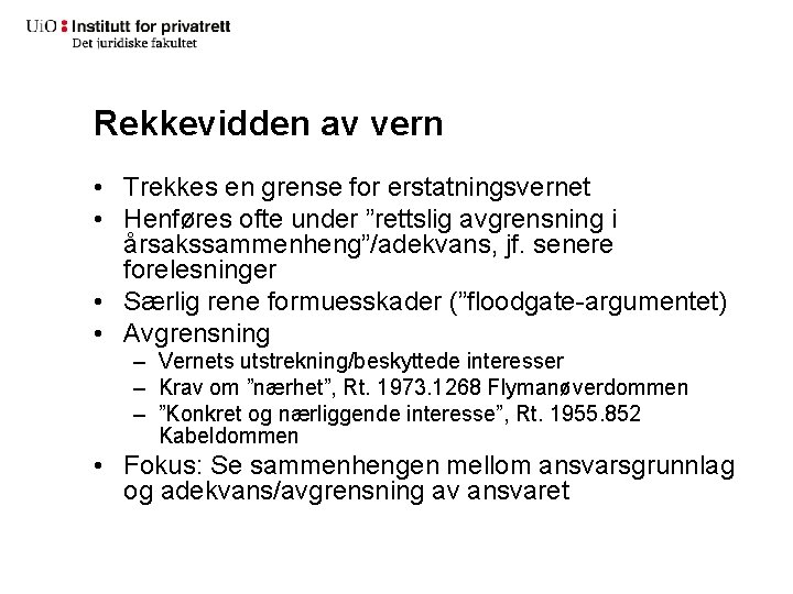 Rekkevidden av vern • Trekkes en grense for erstatningsvernet • Henføres ofte under ”rettslig