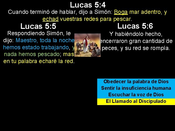 Lucas 5: 4 Cuando terminó de hablar, dijo a Simón: Boga mar adentro, y