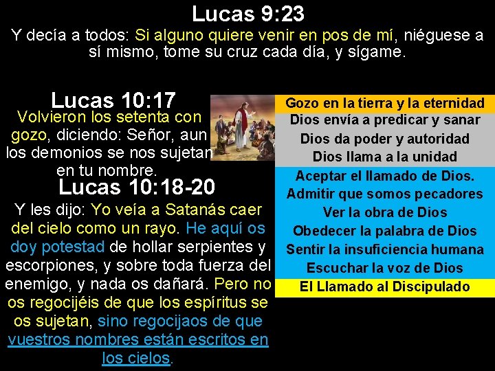 Lucas 9: 23 Y decía a todos: Si alguno quiere venir en pos de