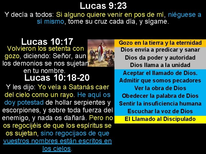 Lucas 9: 23 Y decía a todos: Si alguno quiere venir en pos de