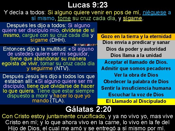 Lucas 9: 23 Y decía a todos: Si alguno quiere venir en pos de