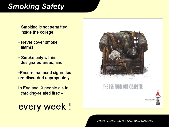 Smoking Safety • Smoking is not permitted inside the college. • Never cover smoke