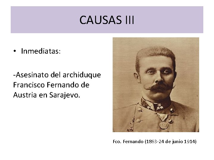 CAUSAS III • Inmediatas: -Asesinato del archiduque Francisco Fernando de Austria en Sarajevo. Fco.