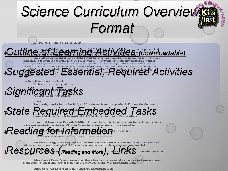 Science Curriculum Overview: Format Outline of Learning Activities (downloadable) ✴ Suggested, Essential, Required Activities