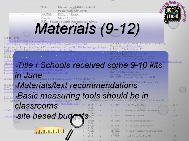 Materials (9 -12) Title I Schools received some 9 -10 kits in June ✴