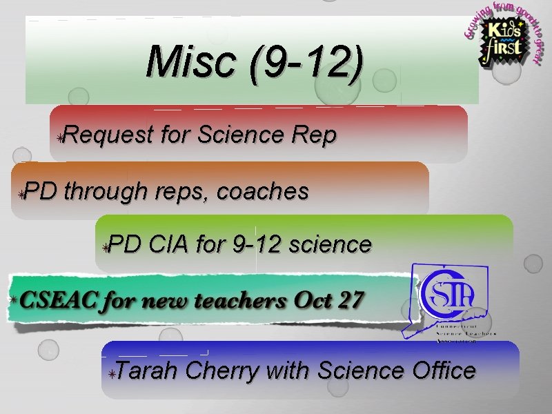 Misc (9 -12) Request for Science Rep ✴ PD through reps, coaches ✴ PD