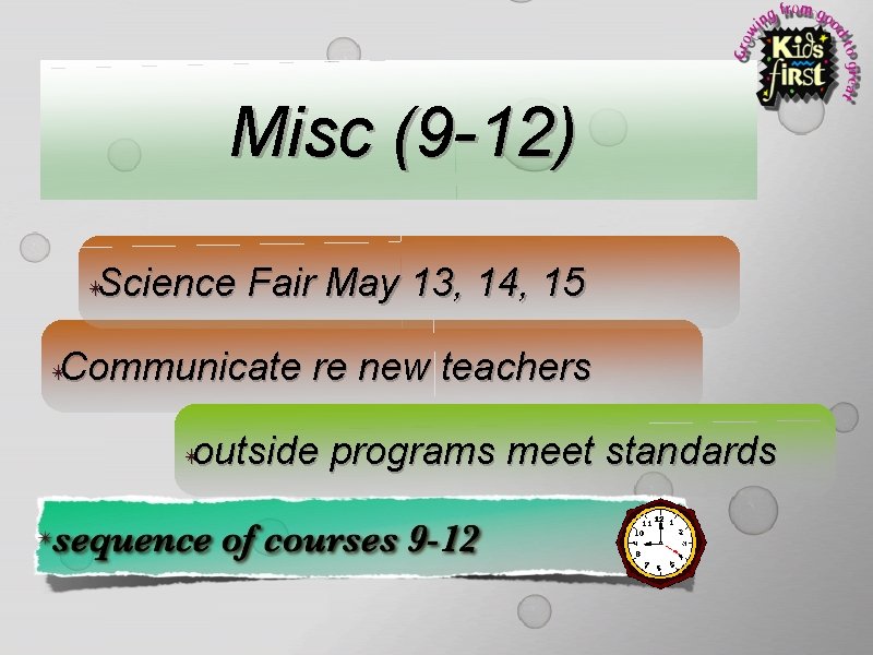 Misc (9 -12) Science Fair May 13, 14, 15 ✴ Communicate re new teachers