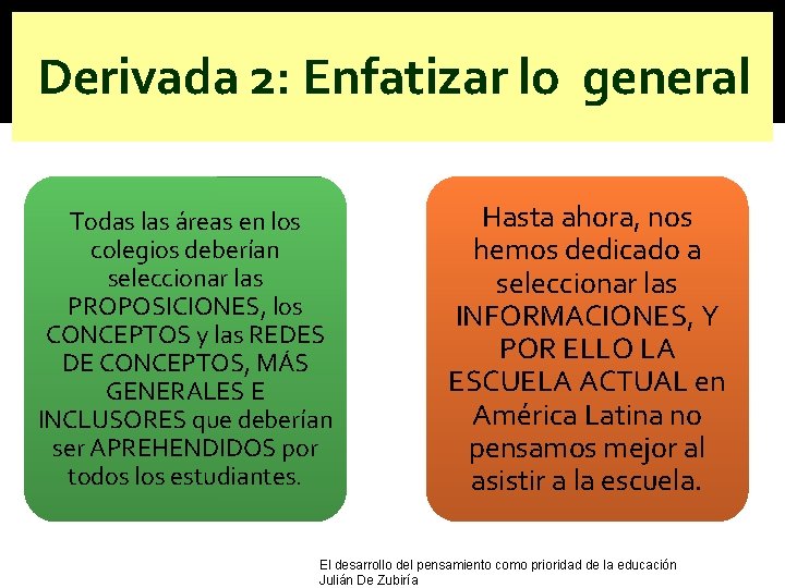 Derivada 2: Enfatizar lo general Todas las áreas en los colegios deberían seleccionar las