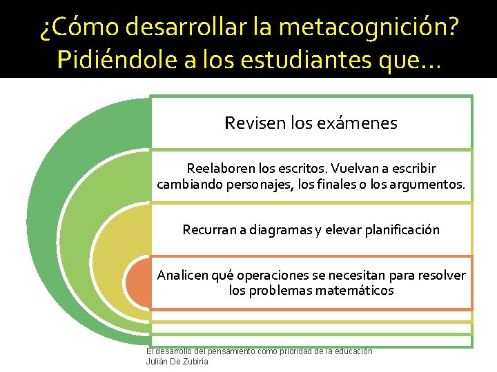 ¿Cómo desarrollar la metacognición? Pidiéndole a los estudiantes que… Revisen los exámenes Reelaboren los