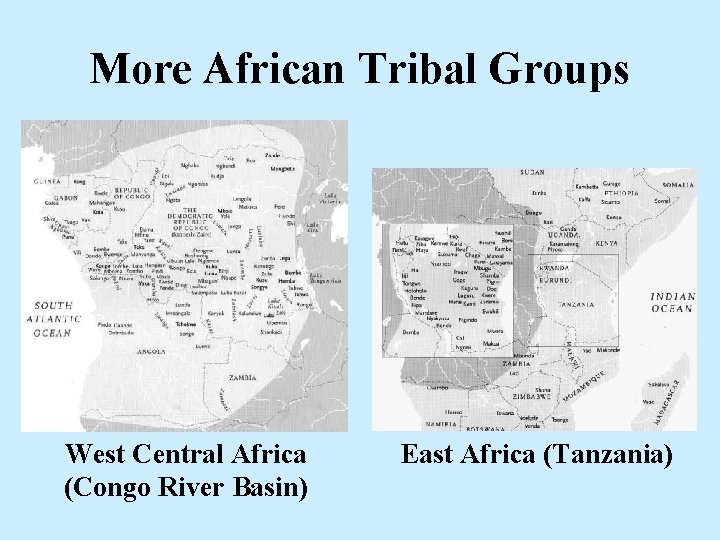 More African Tribal Groups West Central Africa (Congo River Basin) East Africa (Tanzania) 