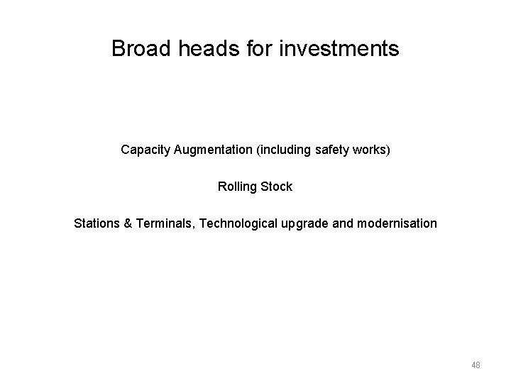 Broad heads for investments Capacity Augmentation (including safety works) Rolling Stock Stations & Terminals,