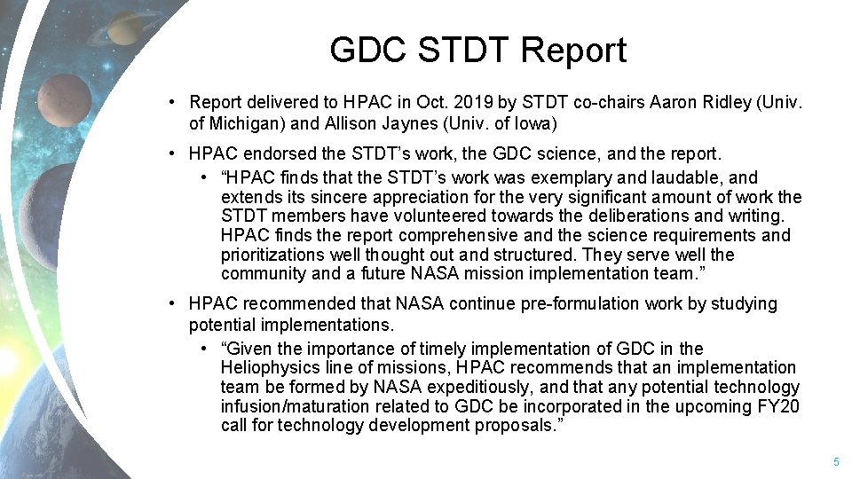 GDC STDT Report • Report delivered to HPAC in Oct. 2019 by STDT co-chairs