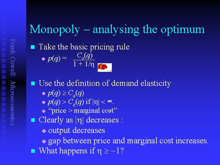 Monopoly – analysing the optimum Frank Cowell: Microeconomics n Take the basic pricing rule