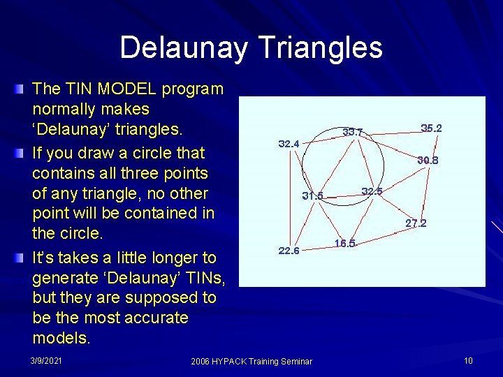 Delaunay Triangles The TIN MODEL program normally makes ‘Delaunay’ triangles. If you draw a