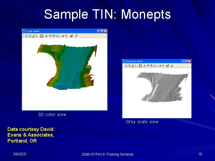 Sample TIN: Monepts 3 D color view Grey scale view Data courtesy David Evans