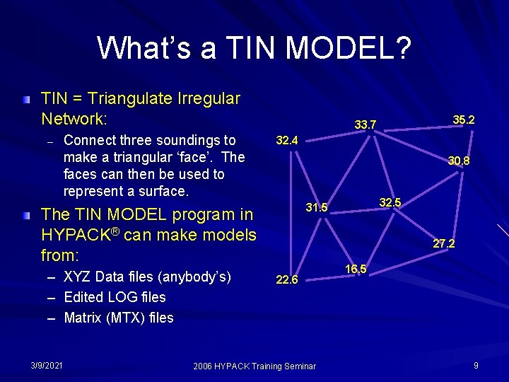 What’s a TIN MODEL? TIN = Triangulate Irregular Network: – Connect three soundings to