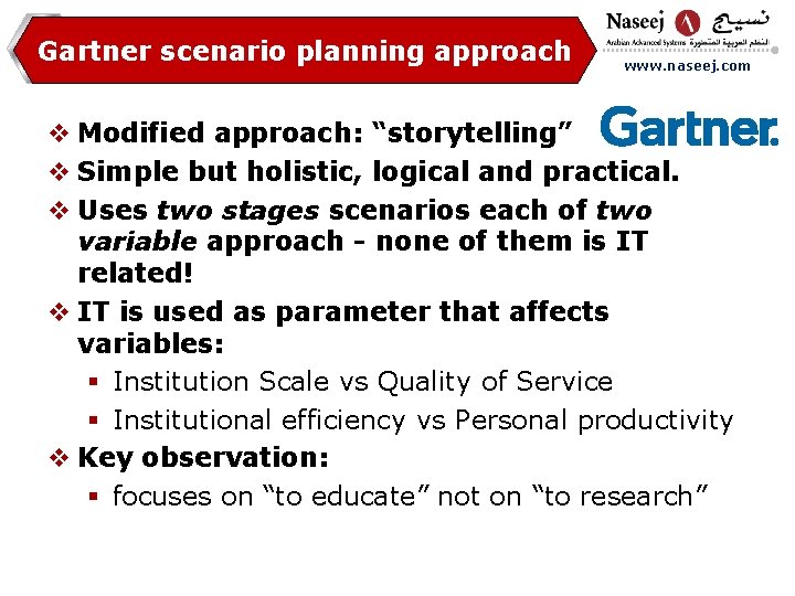 Gartner scenario planning approach www. naseej. com v Modified approach: “storytelling” v Simple but