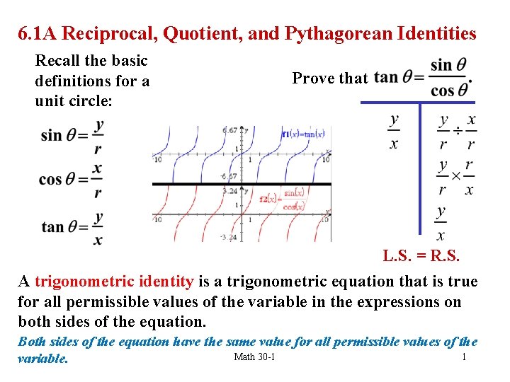 6. 1 A Reciprocal, Quotient, and Pythagorean Identities Recall the basic definitions for a