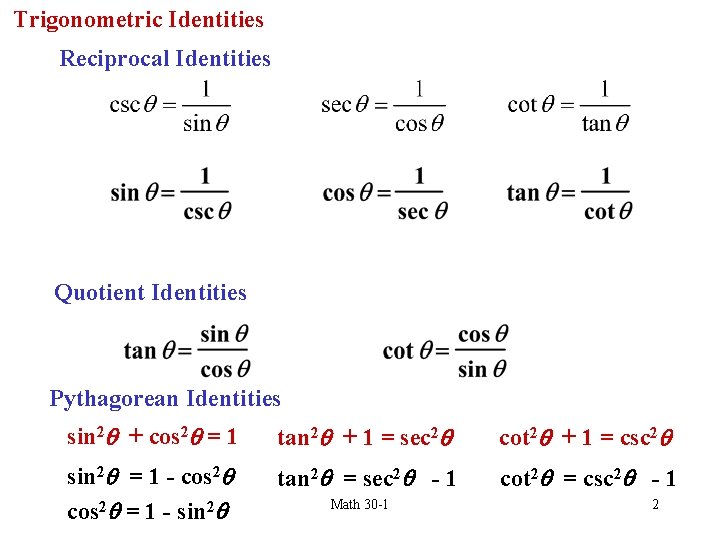Trigonometric Identities Reciprocal Identities Quotient Identities Pythagorean Identities sin 2 q + cos 2