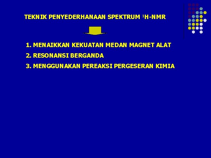 TEKNIK PENYEDERHANAAN SPEKTRUM 1 H-NMR 1. MENAIKKAN KEKUATAN MEDAN MAGNET ALAT 2. RESONANSI BERGANDA TEKNIK PENYEDERHANAAN SPEKTRUM 1 H-NMR 1. MENAIKKAN KEKUATAN MEDAN MAGNET ALAT 2. RESONANSI BERGANDA