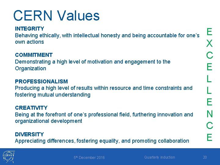 CERN Values INTEGRITY Behaving ethically, with intellectual honesty and being accountable for one’s own