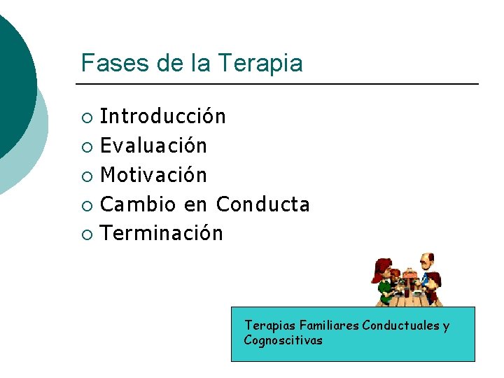 Fases de la Terapia Introducción ¡ Evaluación ¡ Motivación ¡ Cambio en Conducta ¡