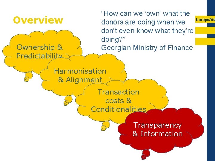 Overview Ownership & Predictability “How can we ‘own’ what the donors are doing when