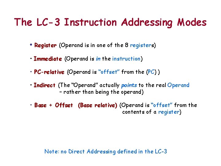 The LC-3 Instruction Addressing Modes • Register (Operand is in one of the 8